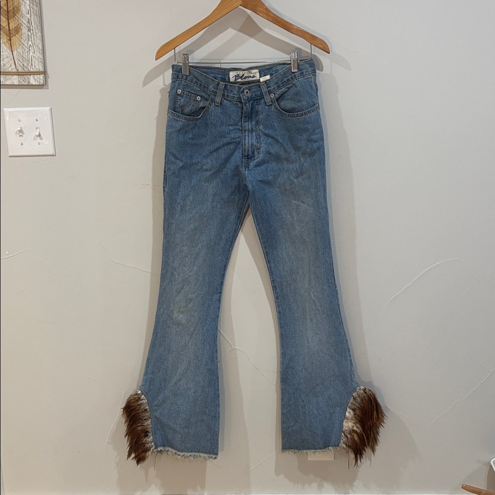 Vintage Y2K Express Blue Flare Jeans with Fur Detail